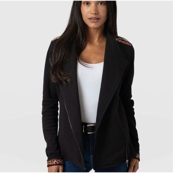 Saint & Sofia Cotton Biker Jacket size 18 Black Leopard Trim Full Zip - Picture 2 of 13